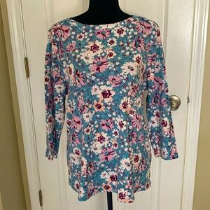 Style&Co pullover top w/3/4 sleeves. Florals in pink, burgundy white on blue XL